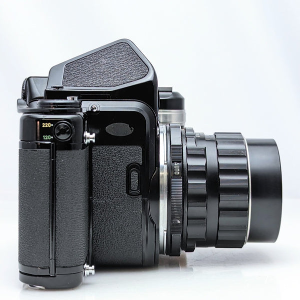 Pentax 67 SLR mirror up film camera w/Super -multi-coated Takumar 105mm  f2.4 lens, and grip