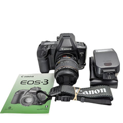 Canon EOS 3 Film camera with Canon EF 28-105 3/5-4/5 zoom lens and flash.