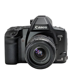 Canon EOS 3 Film camera with Canon EF 28-105 3/5-4/5 zoom lens and flash.